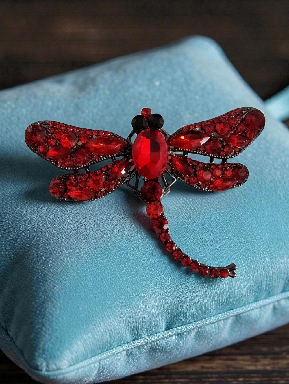Red Crystal Rhinestone Dragonfly Brooch | Black Tone Statement Pin